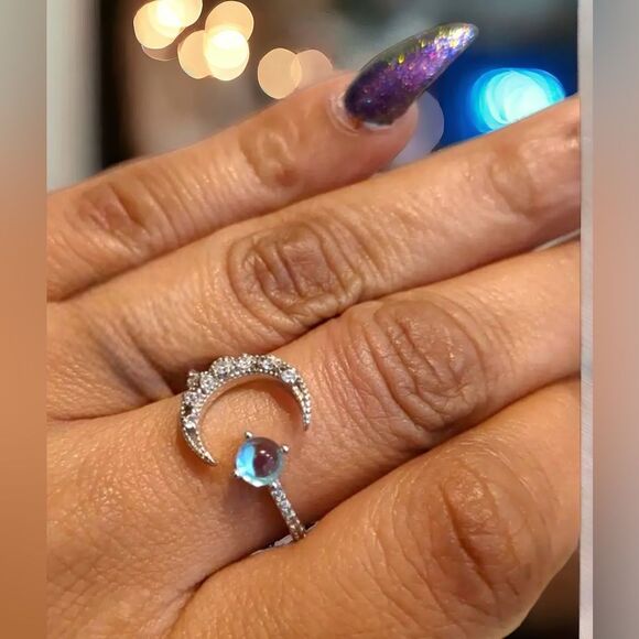 🌙Sterling Silver Adjustable MoonStone Half Moon Ring - Picture 3 of 16